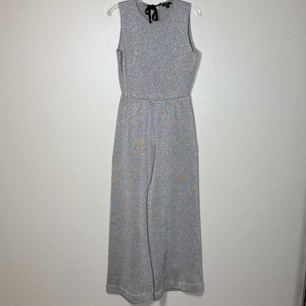 J Crew Wide Leg Jumpsuit Lurex Sm Metallic Silver Lined Stretch NYE Party Dressy - Picture 4 of 17